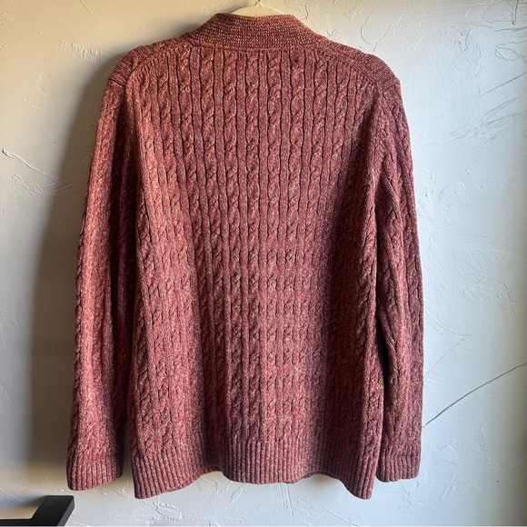 LL Bean Long Cable Knit 100% Cotton Cardigan Heathered Red Sz M Fisherman Preppy - Picture 2 of 12